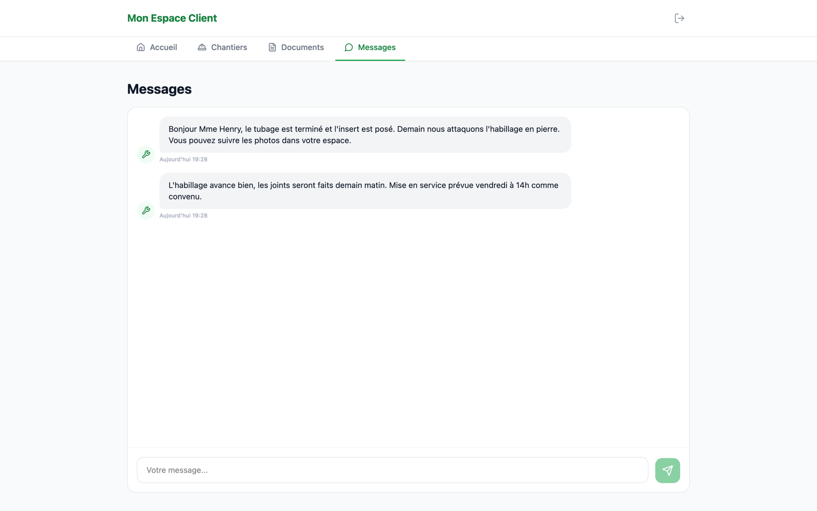 Messagerie du portail client reliée au chantier
