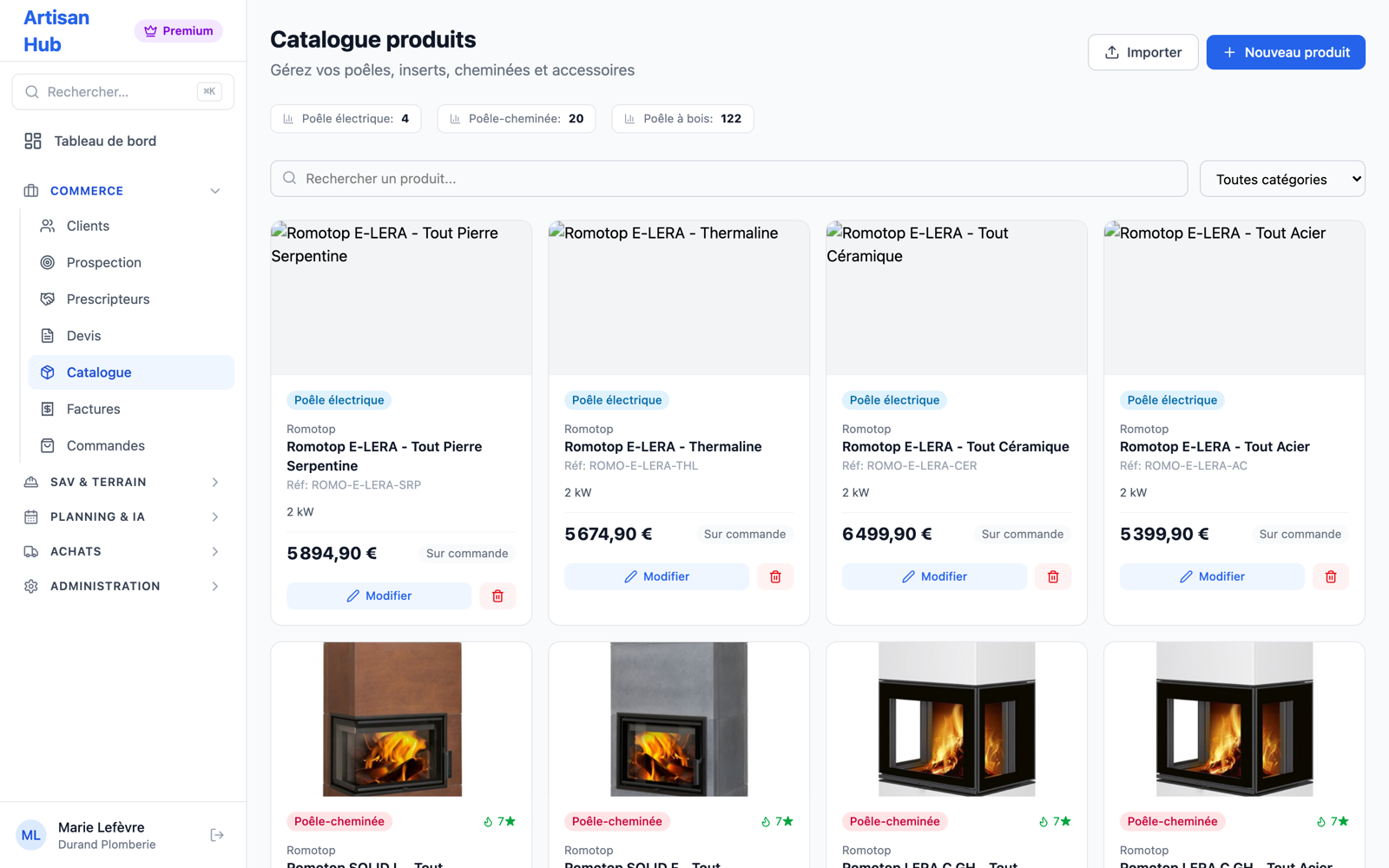 Catalogue produits avec photos, prix et labels Flamme Verte