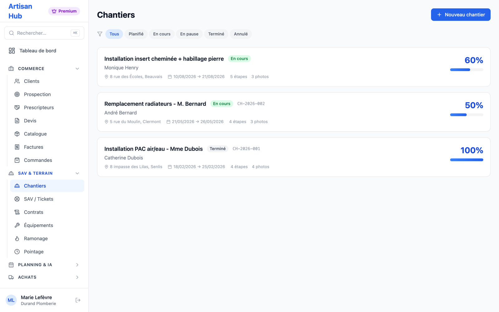 Suivi des chantiers et interventions dans Artisan Hub